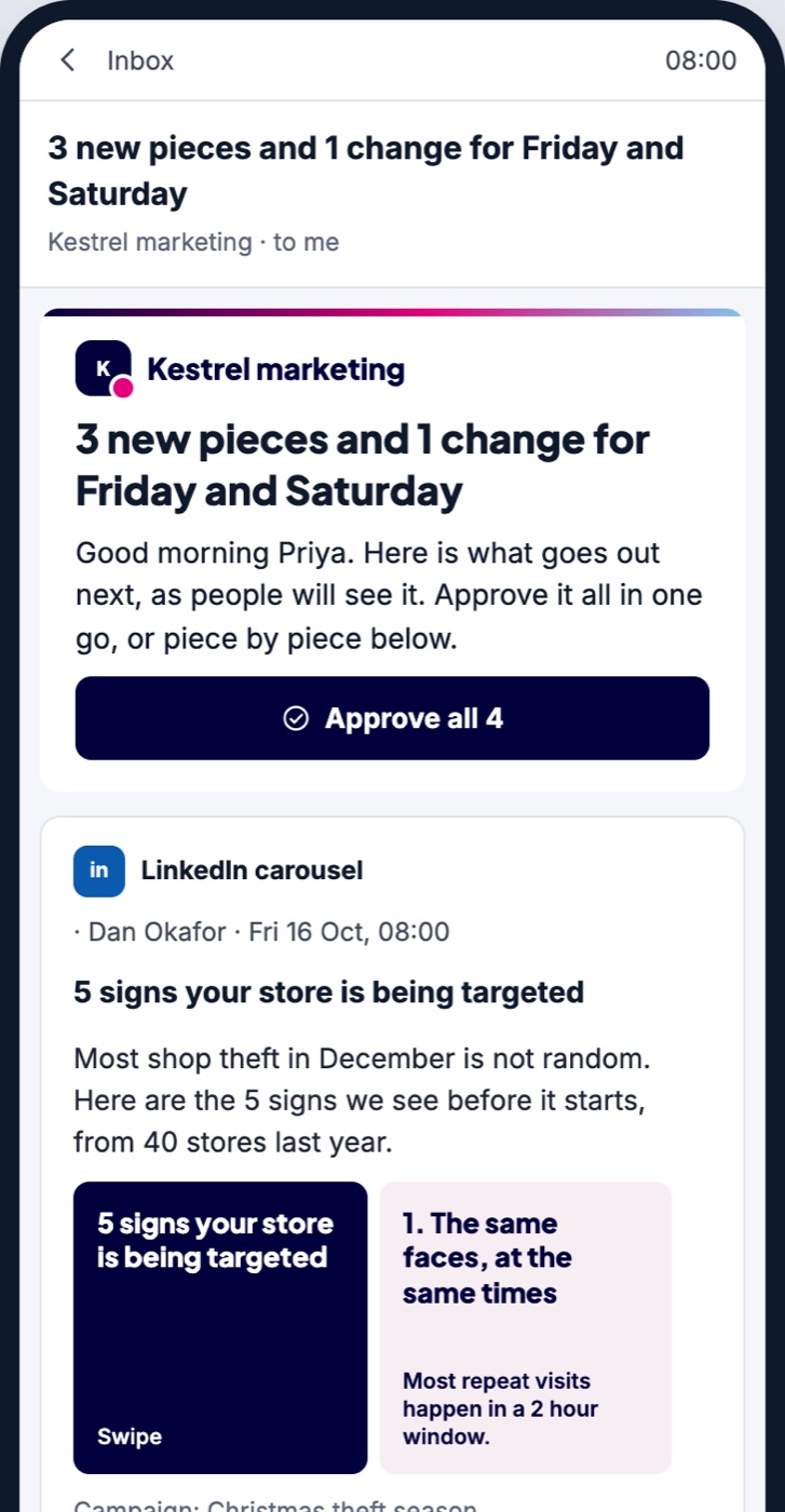 The daily approval email on a phone, showing a LinkedIn carousel and an Approve all button.