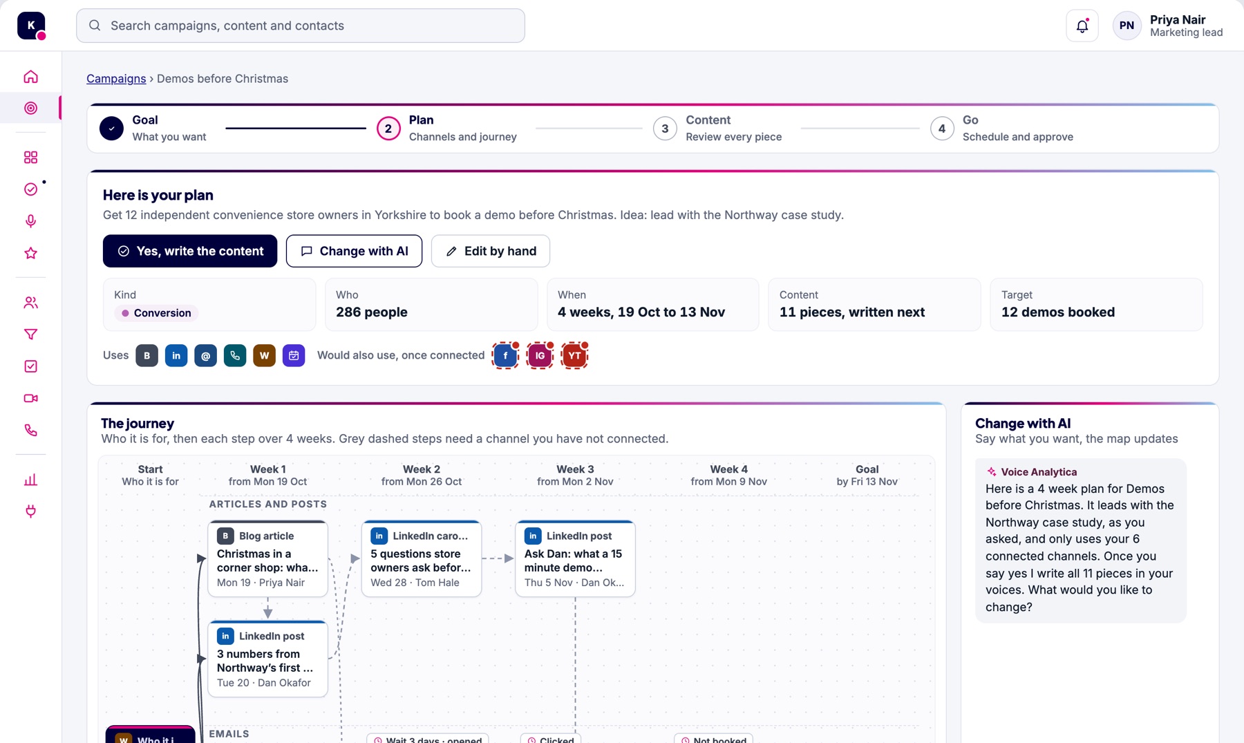 A campaign goal turned into a four-week plan across blog, LinkedIn, email and calls.
